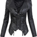 PU Leather Zippered Patchwork Jacket Coats