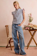 SO ME Stripe Twill Stitch Ruffled Hidden Button Vest Top