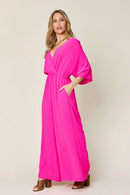 Double Take Full Size Surplice Wide Leg Jumpsuit with Pockets
