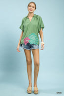Umgee Floral Embroidered Hem Blouse