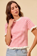 SO ME Gingham Knit Ruffled Short Sleeves Sweater Top