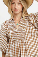 Umgee Puff Sleeve Plaid Midi Dress