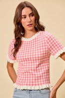 SO ME Gingham Knit Ruffled Short Sleeves Sweater Top