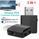3 IN 1 Wireless V5.0 USB Audio Transmitter Receiver EDR Adapter Music Streaming For TV PC Headphones Car w/ 3.5mm Cable