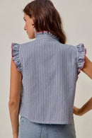 SO ME Stripe Twill Stitch Ruffled Hidden Button Vest Top