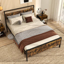 King Metal Bed Frame Industrial Platform Bed with Wooden Headboard