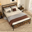 King Metal Bed Frame Industrial Platform Bed with Wooden Headboard