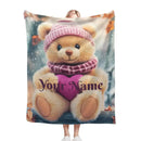 Personalized Snow Teddy Bear Blanket | Custom Name | Winter Bear Heart Fleece Throw Gift