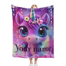 Personalized Unicorn Blanket | Custom Name | Cute Baby Unicorn Galaxy Eyes Floral Crown Purple Magic Fleece Throw Gift