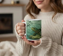 Stained Glass Sea Turtle Mug | Tiffany Style Art | Turtle and Dragonfly Teal Green Water Scene 11oz Ceramic Coffee Tea Cup Gift