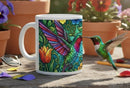 Hummingbird Mug | Stained Glass Jewel-Tone Hummingbird Tropical Flowers Ceramic Coffee Tea Cup Gift
