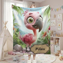 Personalized Flamingo Blanket - Cartoon Bird Super Soft Pink Green Bedroom Throw Custom Name Gift