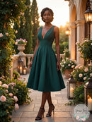 Amsale Faille V-Neck Fit-and-Flare Dress, Size 10