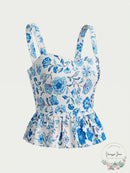 Aqua Floral Print Peplum Top