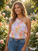 Aqua Abstract Print One Shoulder Top, Size XL