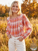 Free People Womens Ruffled Cut Out Plaid Long Sleeve Square Neck Top, Medium