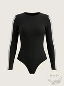 Material Girl Active Long Sleeve Black Varsity Bodysuit, Size Medium