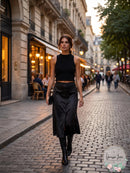 FFREE PEOPLE Analise Button Front Satin Midi Skirt In Black, Size 8
