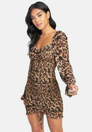 Bebe Puff Sleeve Smocked Printed Mesh Dress, Medium