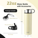22 Oz Double-walled Insulated Stainless Steel Water Bottle with 2 Lids and Straw