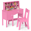 Kids Study Desk and Chair Set with Chair Hutch and Storage Cabinet for 3+ Years Old-Pink
