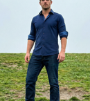 Paul// Cotton Knit-Stretch Button-Up Shirt With Contrast Details // Navy // Tailored Fit (Fitted)