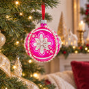 Jeweled Pearl Flowers on Pink Glass Ball Christmas Ornament 3.25 Inches