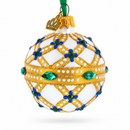 Yellow Trellis, Green Gems & Royal Blue Accents Glass Ball Christmas Ornament 2.4 Inches