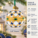 Yellow Trellis, Green Gems & Royal Blue Accents Glass Ball Christmas Ornament 2.4 Inches