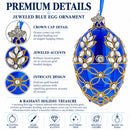 Blue Jeweled Floral Glass Egg Christmas Ornament