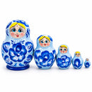 Wooden Gzhel Floral Nesting Dolls - Blue Stacking Matryoshka 3.1 Inches