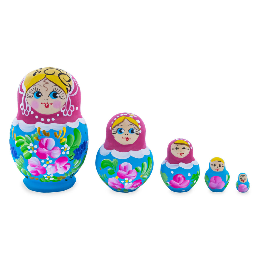 Pink Hood with Pink Flowers Wooden  Nesting Dolls