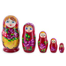 Red Color with Purple and Orange Flowers Wooden Nesting Dolls