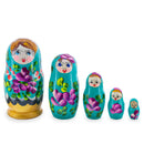 Green Hood with Purple and Orange Flowers Wooden Nesting Dolls