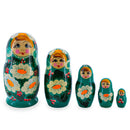 Green Hood with White Flowers Wooden Nesting Dolls
