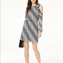 MICHAEL KORS Womens Black Cold Shoulder Floral Jewel Neck Dress,Size XS