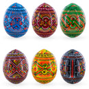Set of 6 Geometric Pysanky Ukrainian Wooden Easter Eggs 2.5 Inches