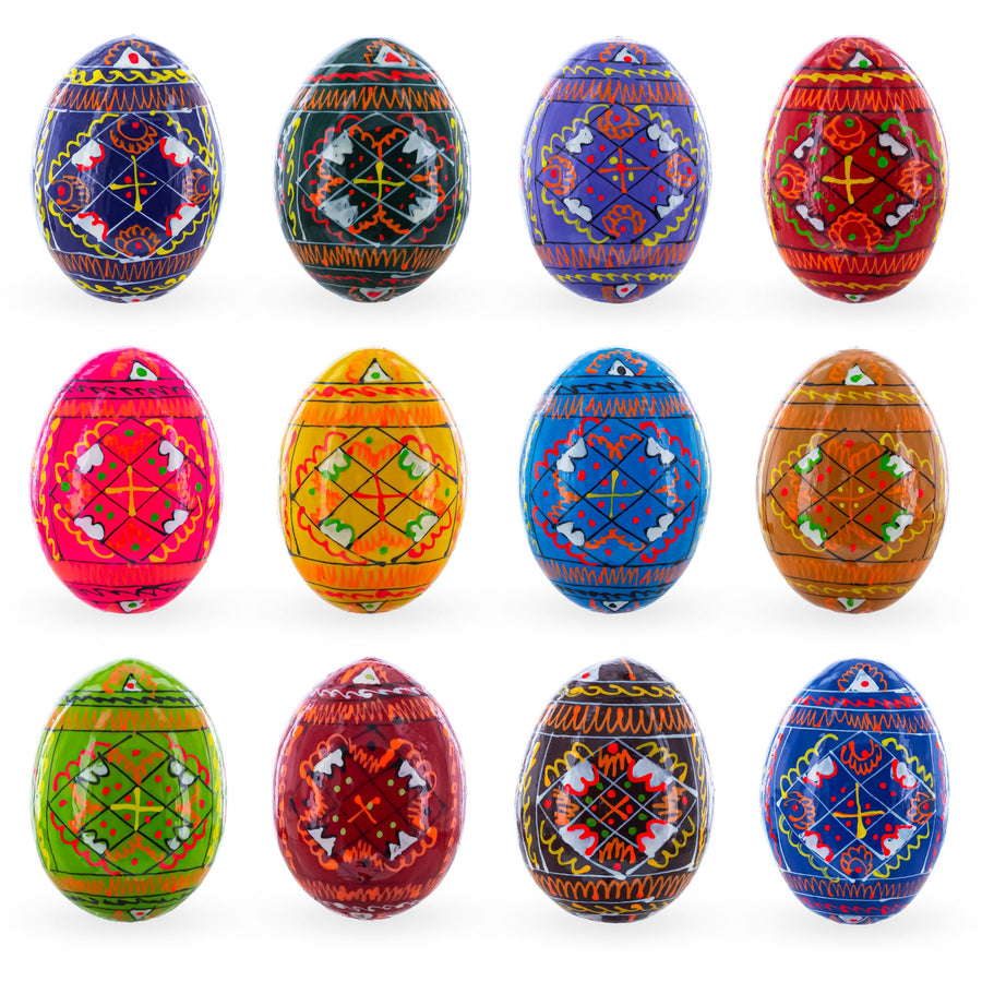Set of 12 Handcrafted Geometric Ukrainian Pysanky Wooden Easter Eggs 2.5 Inches
