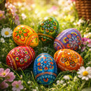 Set of 6 Pearlized Ukrainian Pysanky Wooden Easter Eggs 2.5 Inches
