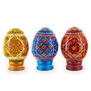 Set of 3 Colorful Geometric Ukrainian Pysanky Wooden Easter Eggs with Stands