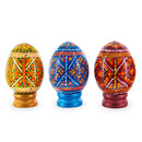 Set of 3 Colorful Geometric Ukrainian Pysanky Wooden Easter Eggs with Stands