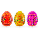 Set of 3 Yellow, Pink, Orange Geometric Ukrainian Pysanky Wooden Easter Eggs 2.5 Inches