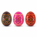 Set of 3 Red Shades Geometric Ukrainian Pysanky Wooden Easter Eggs 2.5 Inches
