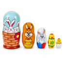 5 Bunnies, Chick with Easter Eggs Wicker Basket Wooden Nesting Figurines 6 Inches
