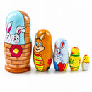 5 Bunnies, Chick with Easter Eggs Wicker Basket Wooden Nesting Figurines 6 Inches