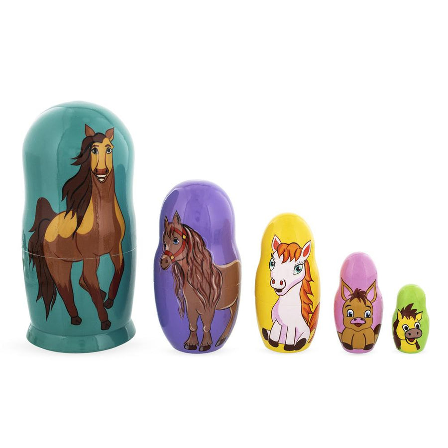 Set of 5 Horses Wooden Nesting Dolls 6 Inches