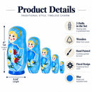 5 Girls with Daisy Flowers & Blue Skirt Wooden Nesting Dolls 6 Inches