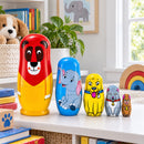 5 Animals Lion, Elephant, Dog & Cat Wooden Nesting Dolls 5.75 Inches