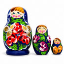 Set of 3 Wooden Floral Nesting Dolls - 3.5" Blue & Red Rose Matryoshka