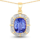 3.07 Carat Genuine Tanzanite and White Diamond 14K Yellow Gold Pendant